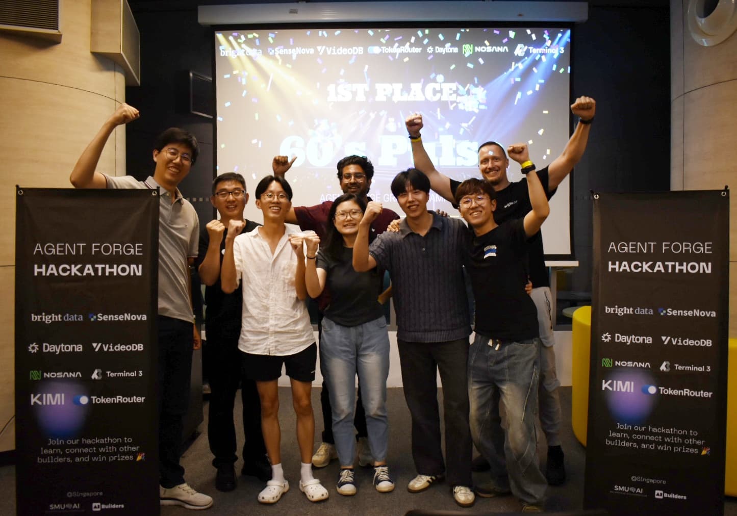 Agent Forge Hackathon first-place team photo